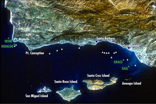 Map of the Santa Barbara Channel based on satellite imagery. Click on a oil platform symbol to get a list of dive videos for that location.
